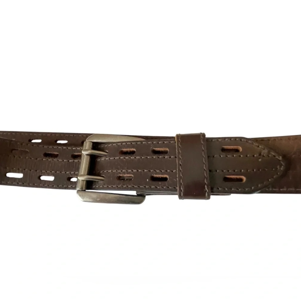 VTG 70s Brown Leather Belt Double Prong Silver Roller Buckle Adjustable Hippie